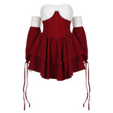 Fluffy sweetheart neck gloves fluffy self tie mini dress