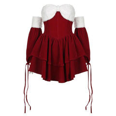 Fluffy sweetheart neck gloves fluffy self tie mini dress