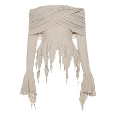 Ruffle long flared sleeve ruched off shoulder solid hoodie 2-way top