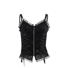 V neck lace hem zip-up ruffle lace up cami top