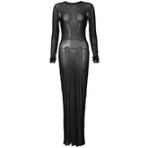 Long sleeve solid crewneck sheer mesh maxi dress | samba dress