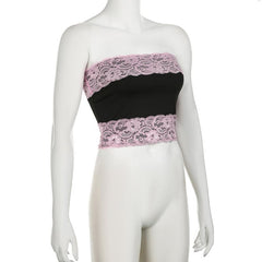 Lace patchwork contrast backless tube top