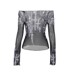 Long sleeve cross print off shoulder sheer mesh top
