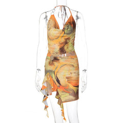 Halter print cowl neck o ring ruffle mini dress
