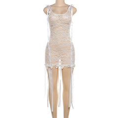 Sleeveless u neck lace bowknot knotted ribbon see through mini dress