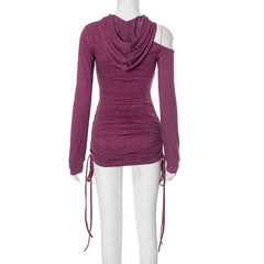 Hoodie long sleeve drawstring off shoulder mini dress