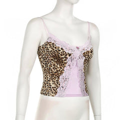 Leopard print lace hem patchwork cami top
