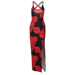 Rose print u neck slit cross back cami maxi dress | red tango dress