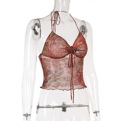 Halter abstract ruched self tie mesh top
