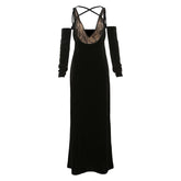 Off shoulder v neck velvet lace hem cami maxi dress