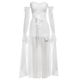 Long flared sleeve off shoulder rose applique maxi dress