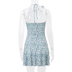Halter print flower applique mini dress