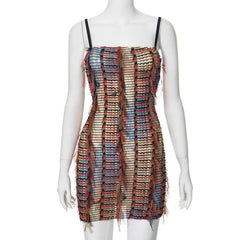 Mesh ruffle stitch contrast textured cami mini dress | red tango dress