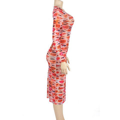 Long sleeve abstract u neck sheer mesh contrast midi dress | samba dress