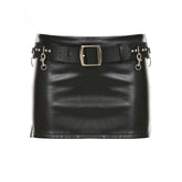 PU leather belt buckle mini skirt