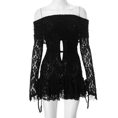 Long sleeve off shoulder lace self tie hollow out mini dress