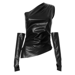 One shoulder gloves PU leather zip-up ruched top