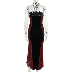 Halter embroidery ruched contrast maxi dress | red tango dress