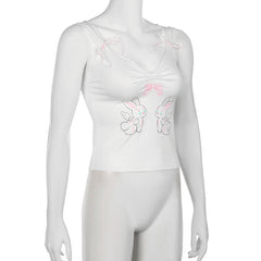 Bowknot rabbit print ruched v neck cami top