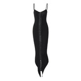 Lace up PU leather patchwork cami midi dress