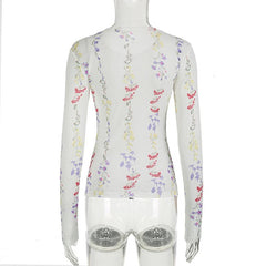 Crewneck long sleeve flower print top