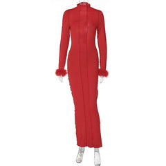 Long sleeve solid feather ruffle high neck backless midi dress | red tango dress