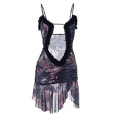 Double layered mesh ruffle hollow out cami cut out mini dress | red tango dress