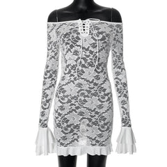 Long flared sleeve lace up lace see through mini dress