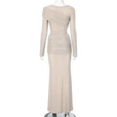 Long sleeve crewneck ruched glitter maxi dress