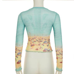 Long sleeve crewneck contrast mesh top