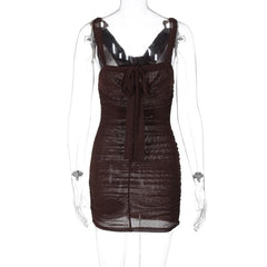 Cowl neck ruched o ring sheer mesh bowknot ribbon backless cami mini dress | samba dress