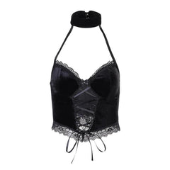 Velvet halter buttoned lace up crop top