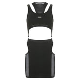 Mesh hollow out metal tag sleeveless 2 piece skirt set