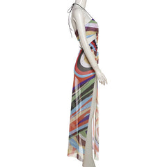 Halter print contrast high slit sheer mesh maxi dress | samba dress