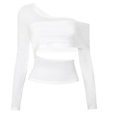 Long sleeve one shoulder hollow out solid irregular backless cut out top