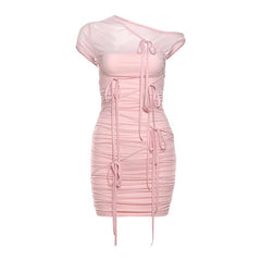 Short sleeve one shoulder mesh ruched patchwork mini dress