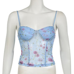 Mesh flower print stitch bustier lace hem cami top