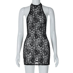 Lace see through halter backless solid mini dress | red tango dress