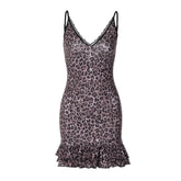 V neck leopard print lace hem ruffle cami mini dress