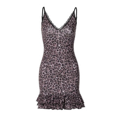 V neck leopard print lace hem ruffle cami mini dress