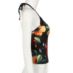 Halter drawstring ruched hollow out flower print top