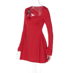 Long sleeve bowknot solid ruched mini dress | red tango dress