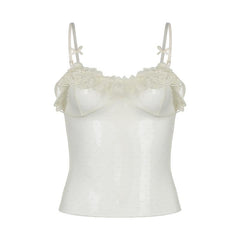 Sheer mesh lace see through ruffle bowknot cami top