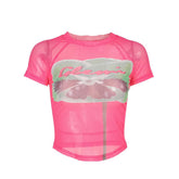 Short sleeve sheer mesh print crop top