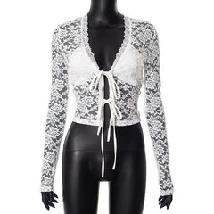 Long sleeve v neck lace self tie solid crop top