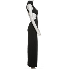 High neck butterfly pattern o ring button maxi dress