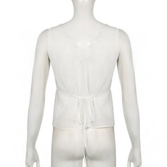 V neck button lace hem solid tank top