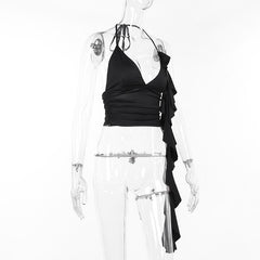 Halter v neck ruffle backless crop top