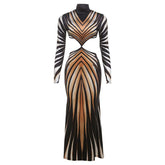 High neck long sleeve hollow out print contrast maxi dress