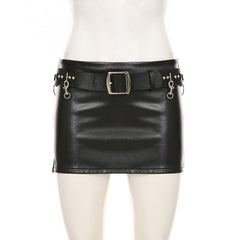 PU leather belt buckle mini skirt